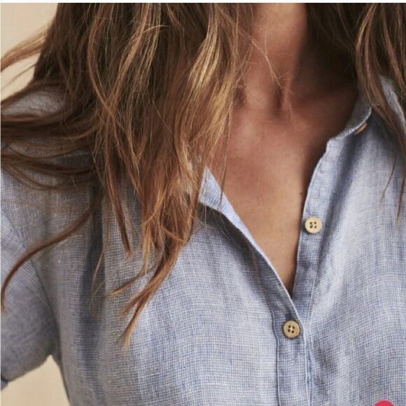 Faherty Hana Shirt Dress Size XS Blue Basket Weave 100% Linen Short Sleeve - Picture 4 of 13